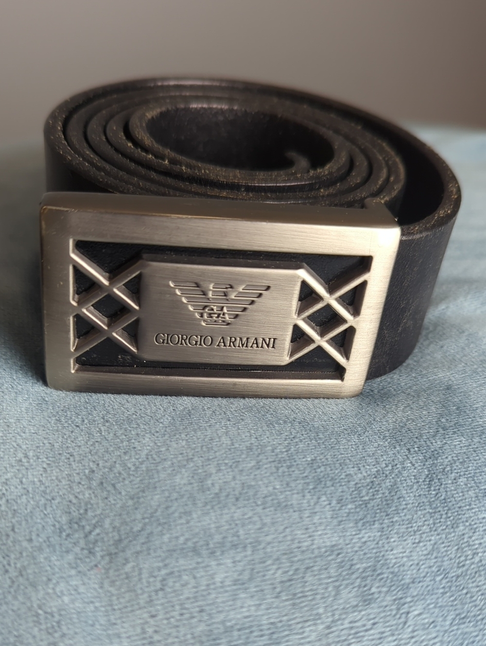 GIORGIO ARMANI Black Leather Belt with Brushed Silver Logo Buckle